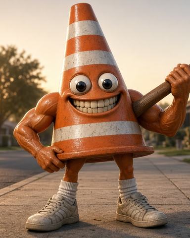 A buff orange traffic cone with googly eyes, tube socks and sneakers, holding a giant wooden spoon on a suburban sidewalk at sunset