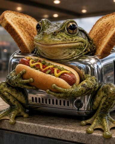 A frog that is also a chrome toaster, with toast slices for wings, eating a hot dog on a gas station counter