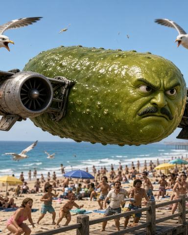 A mustached pickle with two jet engines flying low over a crowded beach boardwalk, scattering seagulls