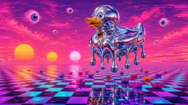 A melting chrome rubber duck floating above a pink and cyan checkerboard sea under three suns