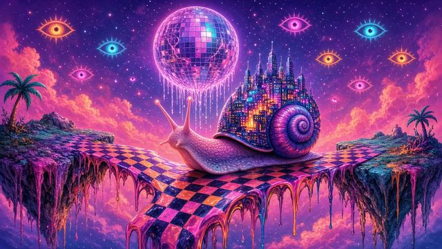 A snail carrying a glowing city on its shell crossing a melting checkerboard bridge under a disco ball moon