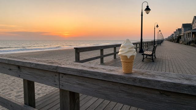 An ice cream cone resting on a wooden boardwalk railing at sunset, with the ocean and empty benches behind it