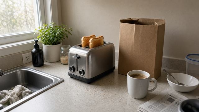 An ordinary kitchen counter in the morning with a toaster, a mug of coffee, a paper bag and a bowl by the sink